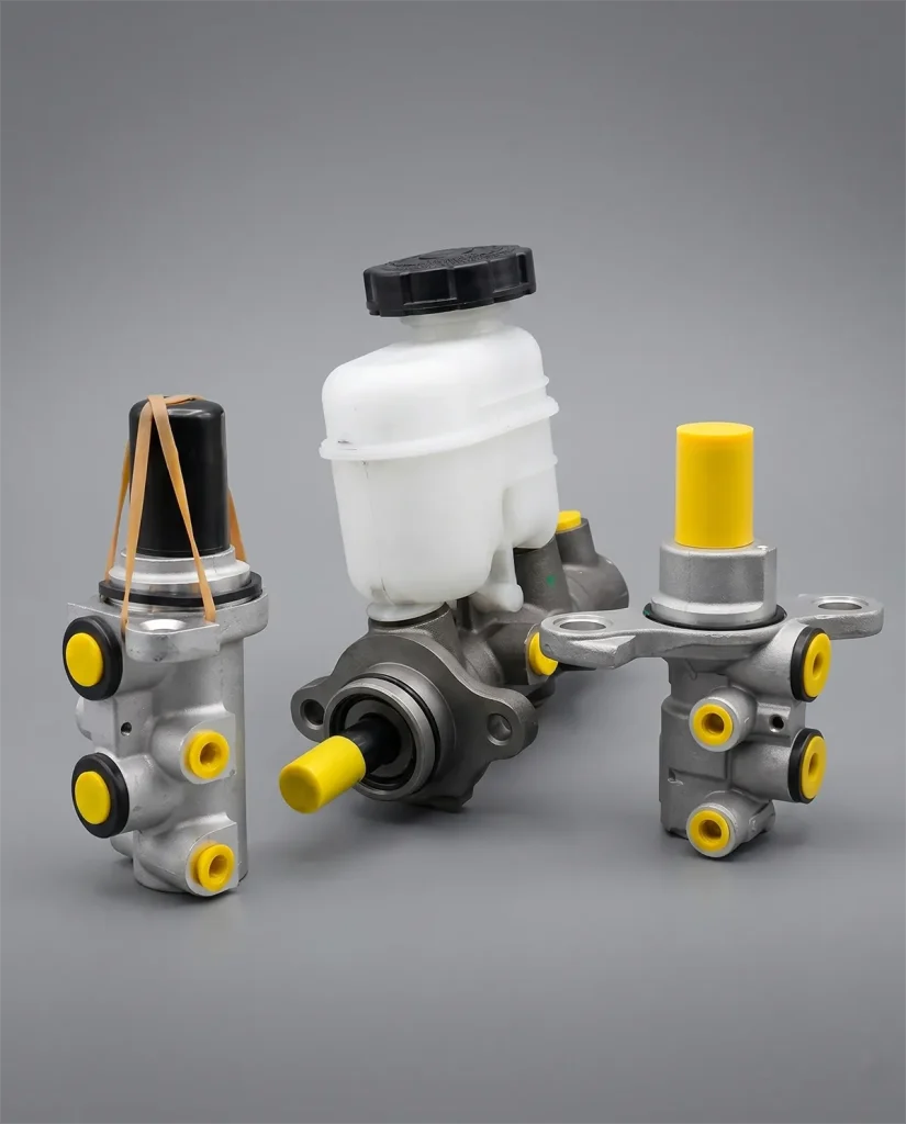 Tres modelos de bombas de freno de automóvil sobre fondo gris de estudio fotográfico.