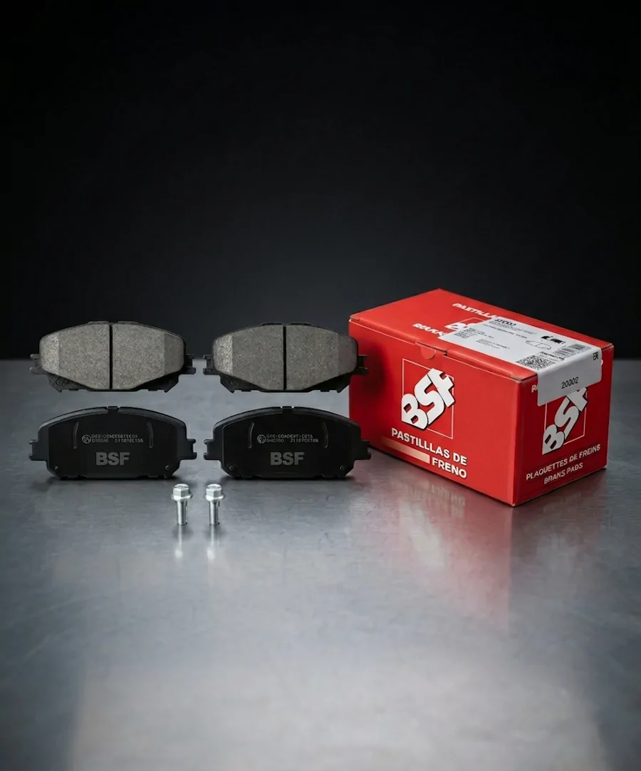 Detalle de pastillas de freno BSF 20302 para Renault Arkana con marcaje láser y accesorios de montaje.