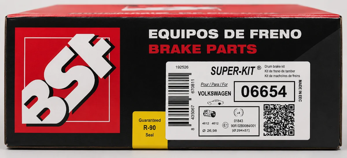 Envase oficial BSF Automoción SUPER-KIT con sello ECE R-90 para kits de freno de tambor de automoción.