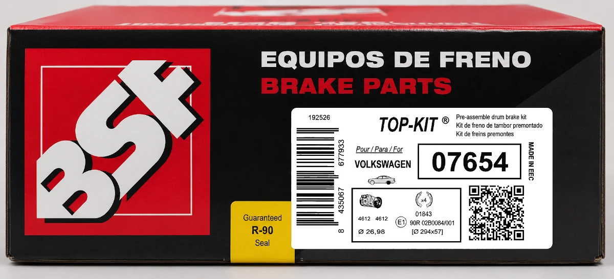 Envase oficial BSF Automoción TOP-KIT con etiqueta certificada ECE R-90 para kits premontados de freno de tambor.